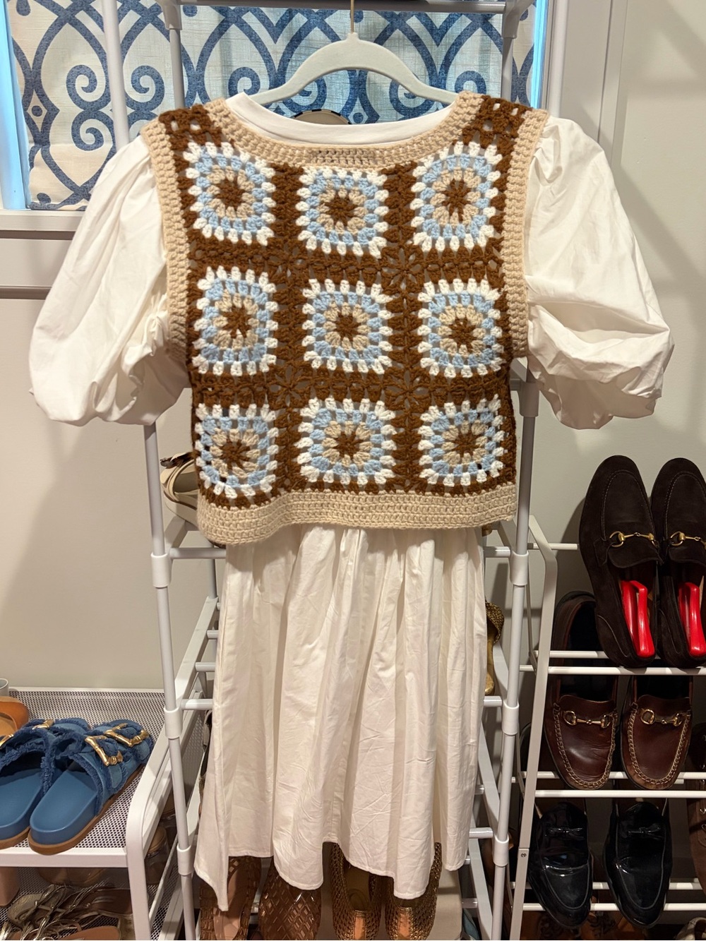 En Saison Women's White dress Crocheted Square Vest in Brown, Cream & Light Blue